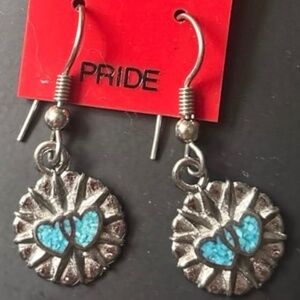 Genuine Vintage Native Sterling Silver dangle earrings with turquoise hearts-New